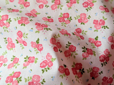 Pink Sally Poly Cotton Triple Rose Floral Fabric, Small Print Fabric, Small Flower Fabric